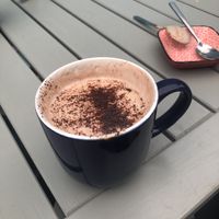 Fab hot chocolate with coconut milk   at Cafe Carmel in Bacton