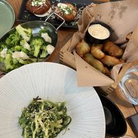 Wakame salad, broccoli with cheese, avocado tempura and mushroom croquettes   at Salt in Tirana