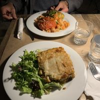 moussaka and stuffed veggies  at Aubergine Cafe in Corfu