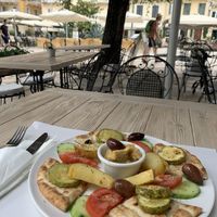 Greek platter (the hummus was soooo good)  at Aubergine Cafe in Corfu