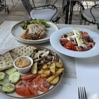 Vegan gyros, vegan Greek salad, vegan moussaka  at Aubergine Cafe in Corfu