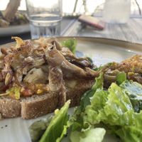 Toast with Avocado spread + mushrooms  at Aubergine Cafe in Corfu