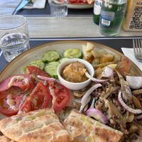 Mushroom gyros with hummus  at Aubergine Cafe in Corfu