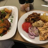 Vegan moussaka and vegan mushroom gyro  at Aubergine Cafe in Corfu