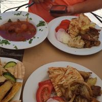 Gyros, stif5aso and greek platter at Aubergine Cafe in Corfu