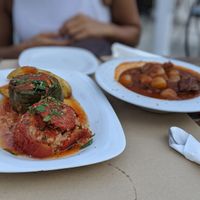 Stuffed peppers and tomato & stifado  at Aubergine Cafe in Corfu