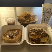 Flatiron burger with kids order of fries and nuggets   at Meta Burger in Denver
