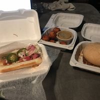 Chili cheese burger, meta bites, super nova dog at Meta Burger in Denver