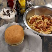 Cookies and Creme Meta Blast, Buffalo chicken Burger, and Chili Cheese Fries at Meta Burger in Denver