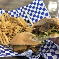 Flatiron burger and fries  at Meta Burger in Denver