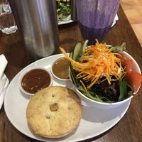 Smokey tofu pie and soy blueberry smoothie at Himalaya Bakery and Cafe in Daylesford