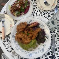 Fried oyster mushroom and beet cabbage rolls at Fog Eater Cafe in Mendocino
