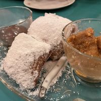 Beignets with chocolate sauce and pear butter  at Fog Eater Cafe in Mendocino