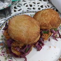 Buffalo cauliflower sliders on biscuits with ranch and slaw. A little spicy. at Fog Eater Cafe in Mendocino