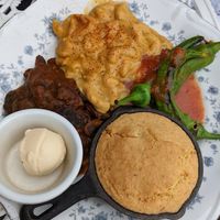 BBQ Lima beans, cornbread, creole Mac and cheese, and some chiles. This was all perfectly fine but not amazing. at Fog Eater Cafe in Mendocino