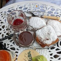 Beignets with a berry sauce and a chocolate sauce. at Fog Eater Cafe in Mendocino