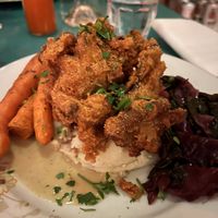 Fried blue oyster mushrooms with mashed potatoes, gravy, and veggies   at Fog Eater Cafe in Mendocino