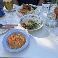 Mac and cheese, crabbie cakes, and fried king oyster mushrooms.   at Fog Eater Cafe in Mendocino