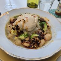 Gigante beans and hominy with mushroom cream and braised Brussels sprouts. at Fog Eater Cafe in Mendocino
