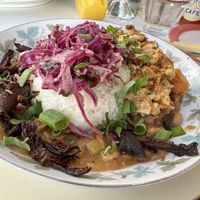 Grits and grillades   at Fog Eater Cafe in Mendocino