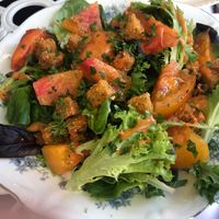 Heirloom tomato salad with polenta crutons at Fog Eater Cafe in Mendocino