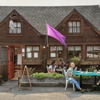 Front door during Covid-19. There's also seating in the rear. at Fog Eater Cafe in Mendocino