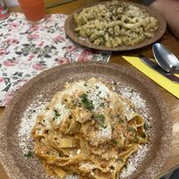 Vegan bolognese tagliatelle (front) and vegetarian truffle fusilli (back)  at Pasta Factory in Galway