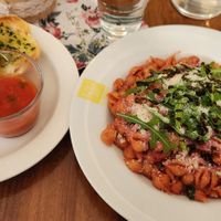 Beetroot pesto with small shells and vegan garlic bread at Pasta Factory in Galway