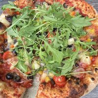 Vegan pizza with vegan cheese. 12” big pizza  at Systrakaffi in Kirkjubaejarklaustur