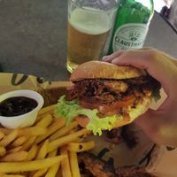 Vegan burger with fries and burbonsauce. at Tugg Burgers in Boras