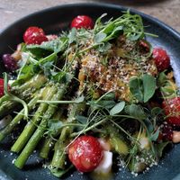 Grilled asparagus with courgette cake and plant-based feta at The Warren in Carmarthen