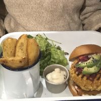 Roasted carrot burger with aioli and chips at The Warren in Carmarthen