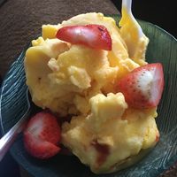 Mango tajin ice cream with strawberries at El Michoacano Ice Cream and Mexican Food in Des Moines