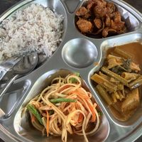 Selection of vegan Thai dishes  at Santi Asoke Temple Community in Bangkok