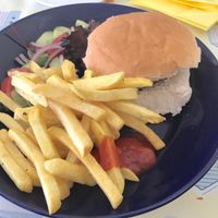 Vegan burger and chips at Submarine Cafe in Sheringham