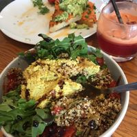 Veggie bowl, smashed avocado on toast, and beetroot juice  at Cafe Eighty2 in Drumnadrochit