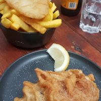 Vegan vish, chips and potato cake at Northcote Fish & Chips in Northcote
