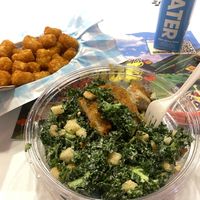 Dinner: H2O, Tots, and Kale YEAH Caesar Chick’n’ Salad 💗  at Monty's Good Burger in Riverside