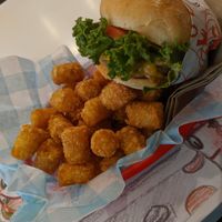 100% plant based with tots and dipping sauces at Monty's Good Burger in Riverside