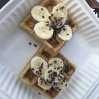 Waffle with bananas, peanut butter, cocoa nibs at Pure Juicery Bar in Cary