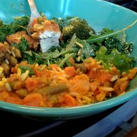 Fried tofu, indian curry, rice, and greens - all from the salad and hot bar at Whole Foods Market - Westlake in Seattle