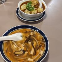Hot and sour soup (wonton in spicy sauce in back) at Affinity Vegetarian Garden in Winnipeg