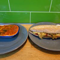 Classic Lentil & Chunky Veg  and Hummus, Sweet Chilli, Sauasage, Caramelised Onion & Tomato Barra. at Domu in Bangor
