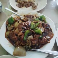 Vegetarian beef with mixed vegetables chow mein in a black bean sauce at Delicious Vegetarian Restaurant in Winnipeg