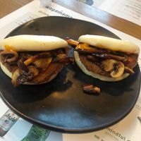 A must try! On vegan menu- mixed mushrooms and panco aubergine hirita steam buns  at Wagamama in Swindon