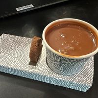 Hot drinking chocolate (biscuit not vegan)  at Dandelion Chocolate in San Francisco