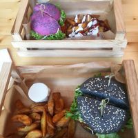 Flower burger with savory potatoes + flower mayo (really delicious!) and the cherry bomb burger with patatas bravas (spicey) at Flower Burger in Rotterdam