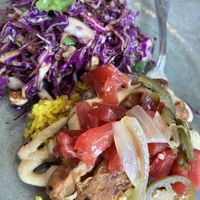 Taro burger loco moco with amazing Asian cabbage slaw.  at Choice Health Bar in Paia