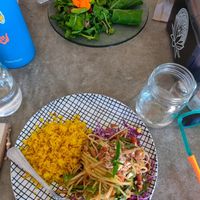 Wildflower tacos and green papaya + golden rice at Choice Health Bar in Paia