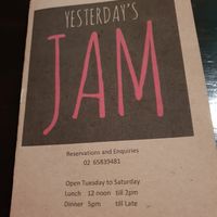 Menu at Yesterday's Jam in Port Macquarie